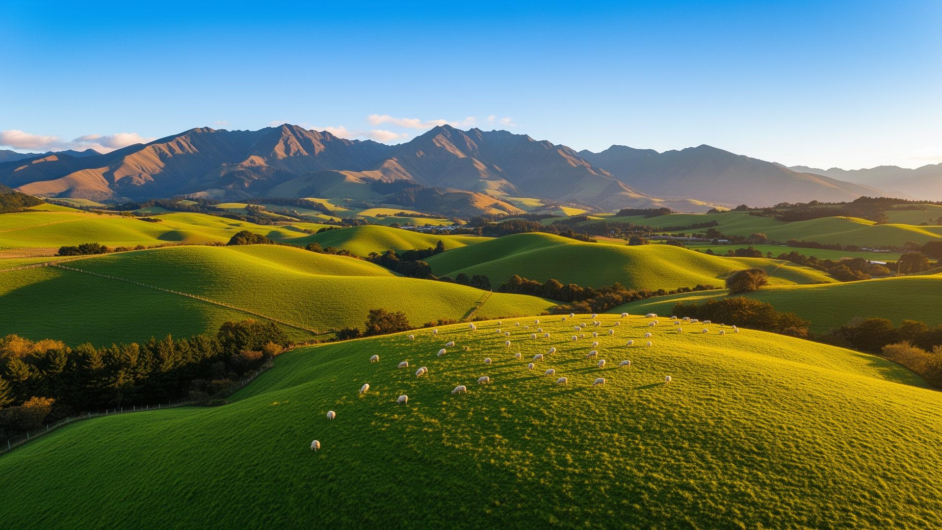 Lush New Zealand farmland with rolling green hills